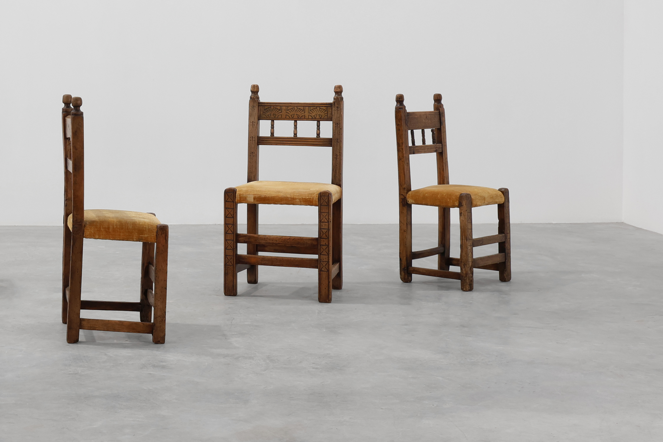 Five 19th Century Spanish Hand-Carved oak Side Chairs with Velour Seatthumbnail